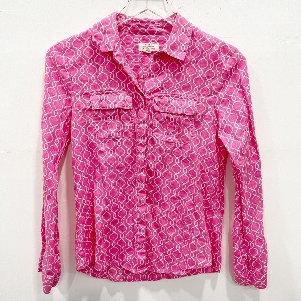 Charter Club Luxury Linen Button Down Long Sleeve Shirt Pink Printed